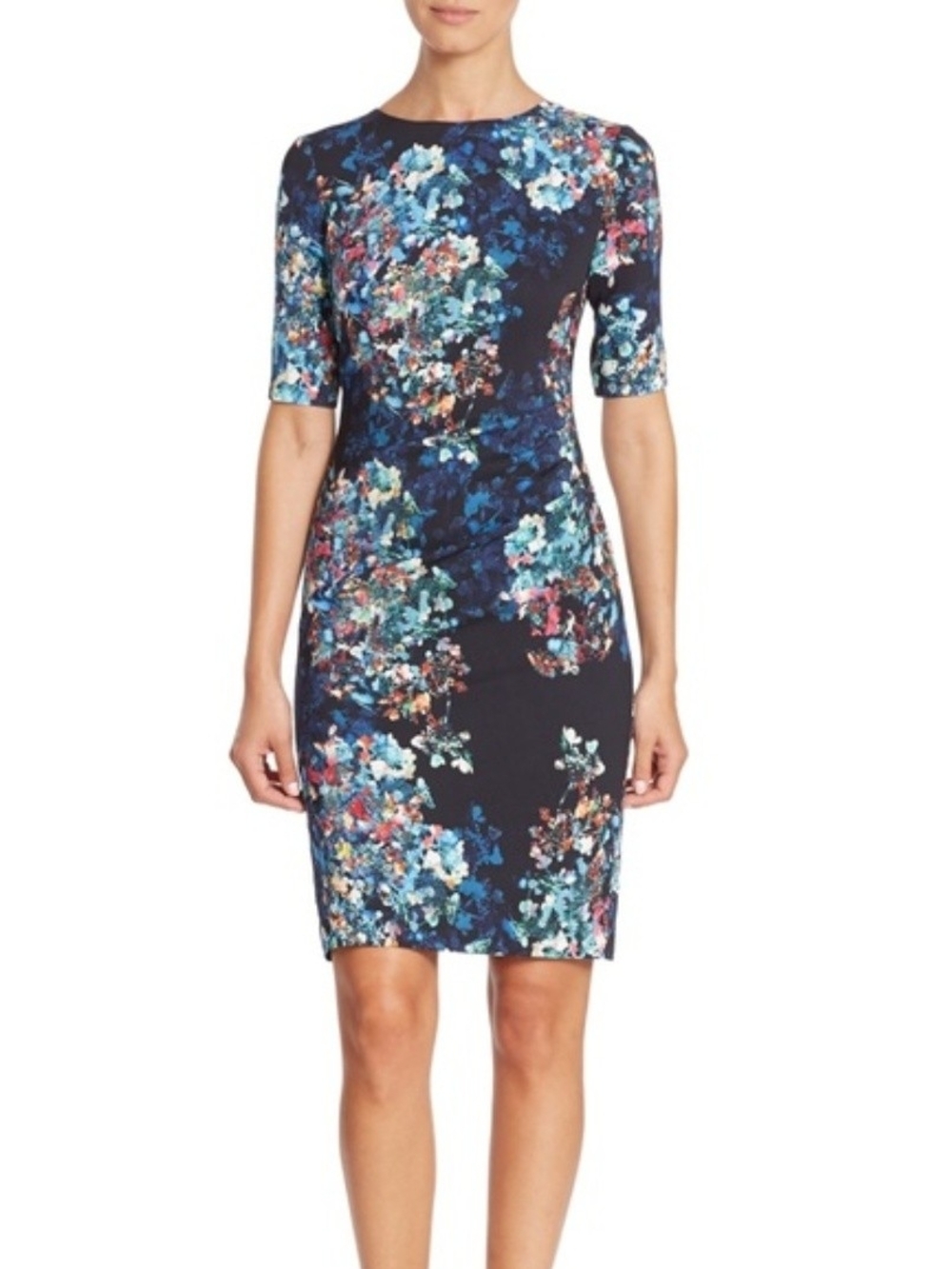 L.K. Bennett Marli Floral Sheath Dress Navy Blue Women's Size 8 Ruched Career
